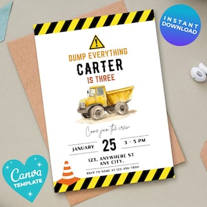 Editable Construction Birthday Invitation Dump Truck Birthday Invite, Dump Everything Birthday Party Printable template Canva Template
