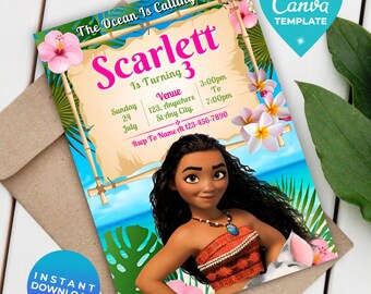Editable Moana Birthday Invitation Girl | Baby Moana Digital Invite | Hawaiian Invite Template | Instant Download | Canva Template