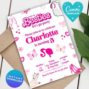 Glitter fashion doll birthday party Invitation | Fashion Pink Doll Sparkle Birthday Invitation For Girls | Instant Download | Canva Template