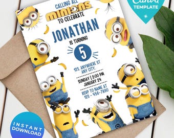Editable Cute Yellow Mini Birthday Invitation | Mini Birthday Invite | Cute Yellow Characters Party | Canva Template | Instant Download