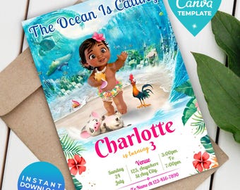 Editable Moana Birthday Invitation Girl | Baby Moana Digital Invite | Hawaiian Invite Template | Instant Download | Canva Template