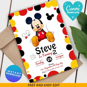 Invitación de cumpleaños de Mickey editable / Plantilla digital para fiesta infantil / Invitación para niños / Plantilla editable / Invitación imprimible / Plantilla Canva