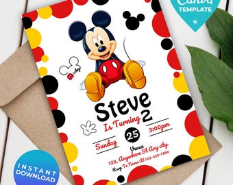 Invitación de cumpleaños de Mickey editable / Plantilla digital para fiesta infantil / Invitación para niños / Plantilla editable / Invitación imprimible / Plantilla Canva
