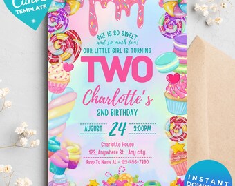 Editable Candy Theme Birthday Invitation | Sweet Party Canva Template | 2nd Birthday Girl Invite | Digital Download