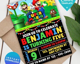 スーパーマリオ誕生日招待状 | 男の子向けデジタルマリオブラザーズパーティー招待状 | マリオ＆ルイージゲームテーマ | Canvaテンプレート | すぐにダウンロード