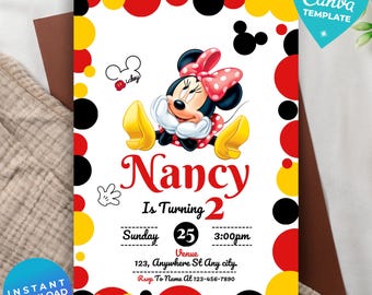 Editable Mickey Birthday Invitation | Digital Kids Party Template | Girls Invite | Template Editable | Printable Invite | Canva Template