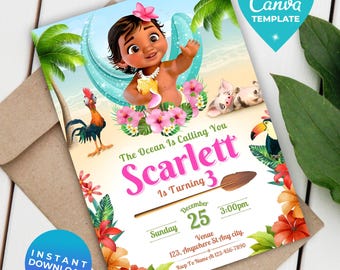 Bearbeitbar Moana Geburtstagseinladung Mädchen | Baby Vaiana Digitale Einladung | Hawaiianische Einladungsvorlage | Sofortdownload | Canva Vorlage