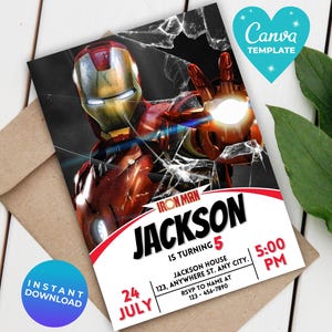 May include: Iron Man birthday invitation with a red and gold Iron Man illustration. The invitation includes the name "Jackson", age "5", date, time, and RSVP details. The design features a cracked glass effect and the text "Instant Download".