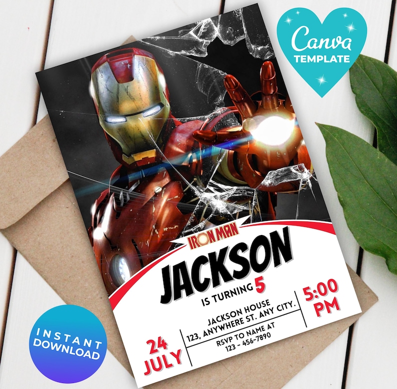 May include: Iron Man birthday invitation with a red and gold Iron Man illustration. The invitation includes the name "Jackson", age "5", date, time, and RSVP details. The design features a cracked glass effect and the text "Instant Download".