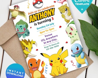 Editable Poke Birthday Invitation | Pika Digital Birthday Invitation | Printable Poke Party Template | Instant Download | Canva Template