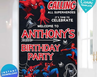 Editable Spiderman Birthday Welcome Sign Template, Spidey Sign Board, Printable Welcome Board, Spidey Birthday Welcome Board, Canva Template