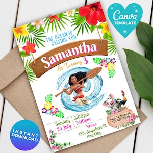 Baby Moana Birthday Invitation: Editable Hawaiian Luau Theme (Canva Template, Digital Download)