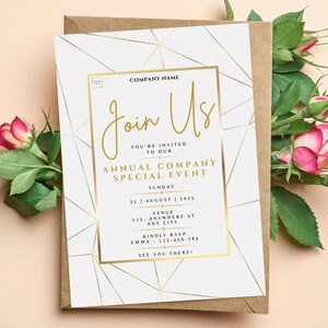 May include: A white invitation with a gold geometric design and the words "Join Us" for an Annual Company Special Event. The invitation is on a brown envelope, with pink and red roses in the background.