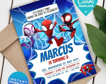Spiderman Kids Editable Birthday Invitation Spiderman Digital and Printable Birthday Invitation Superheroes Birthday Invites Canva template