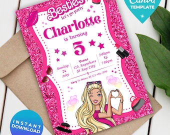 Fashion Doll Birthday Invitation | Pink Glitter Party (Canva Template)