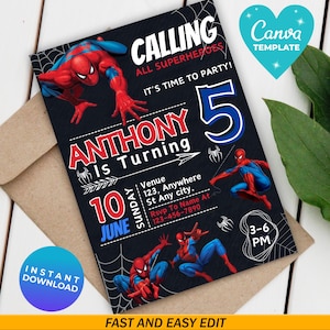 Editable Spiderman Birthday Invitation | Marvel Superhero Party Invite | Avengers Invitation | Instant Download | Canva Template