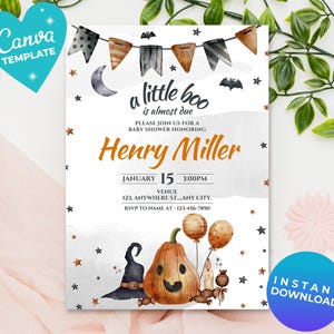Editable Little Boo Baby Shower Invitation Ghost Baby Shower Halloween Baby Shower Little Boo is Almost due instant Download Canva Template