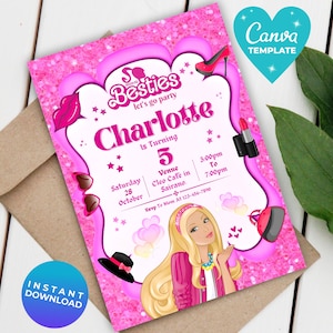 Glitter fashion doll birthday party Invitation | Fashion Pink Doll Sparkle Birthday Invitation For Girls | Instant Download | Canva Template