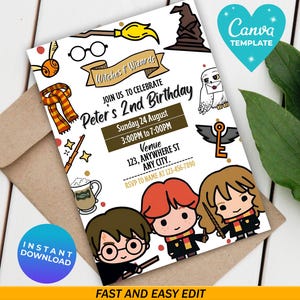 Zauberer-Hexen-Geburtstagseinladung | Zauberhafte Schule Zauberei Geburtstagsfeier Einladung | Bearbeitbar Burgparty | Druckbare Vorlage