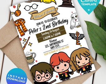 Invitation d'anniversaire de sorcières | Invitation de fête d'anniversaire de sorcellerie d'école magique | Fête au château modifiable | Modèle imprimable