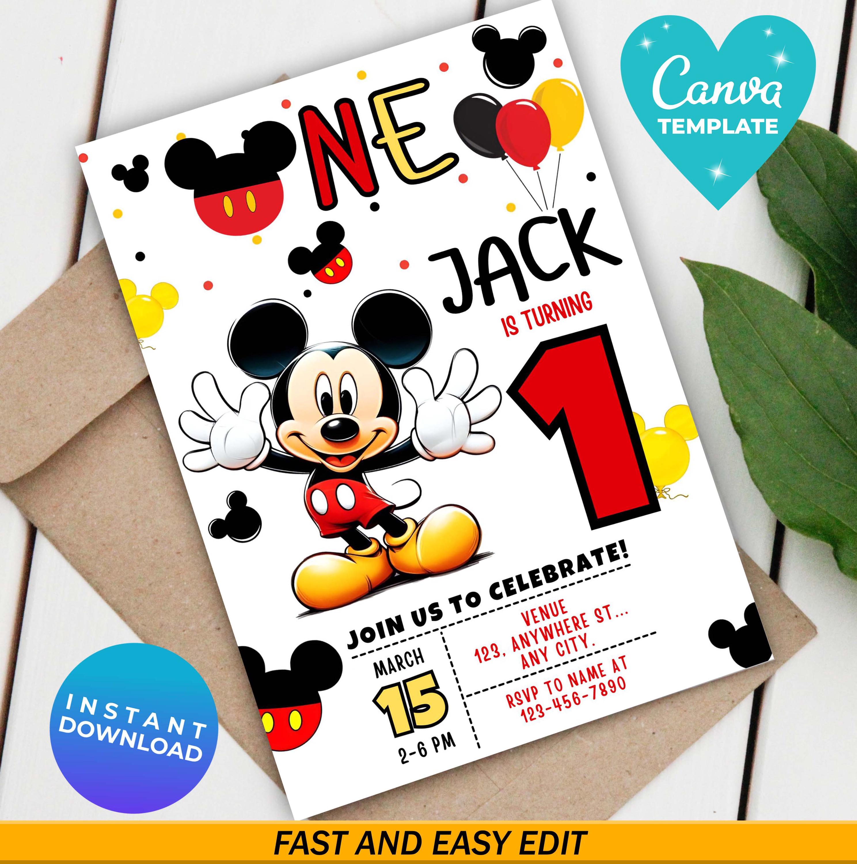 Editable Mickey 1st Birthday Invitation, Digital Kids Party Template ...