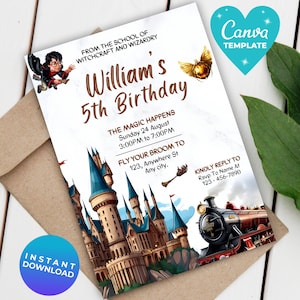 Wizards Witches Birthday Invitation | Magical School Wizardry Birthday Party Invitation | Editable Castle Party | Printable Template