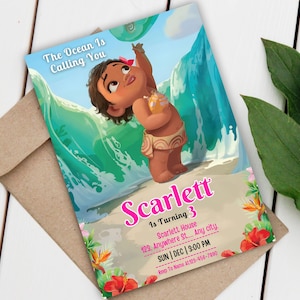 Baby Moana Birthday Invitation: Editable Hawaiian Luau Theme (Canva Template, Digital Download)