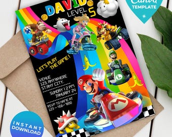 Super Mario Kart Birthday Invitation, Editable Mario Race Party Invite, Canva Template, Boys Gaming Party card, Car Racing Mario kart invite