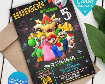 Editable Super Mario Invitation, Mario Bros Birthday Invitation, Printable Birthday Party Invitations, Digital Bday Party Invite Template
