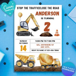 Editable Construction Birthday Invitation Dump Truck Birthday Invite, Dump Everything Birthday Party Printable template Canva Template