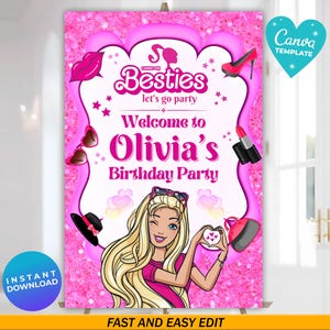 Bewerkbare sjabloon voor modepoppen welkomstbord | Roze poppenfeestje welkom | Glitterroze bord | Welkomstbord verjaardag | Canvassjabloon