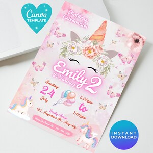 Editable Unicorn Birthday Invitation | Floral Unicorn Invite | Magical Party Invite | Unicorn Invite | Instant Download | Canva Template
