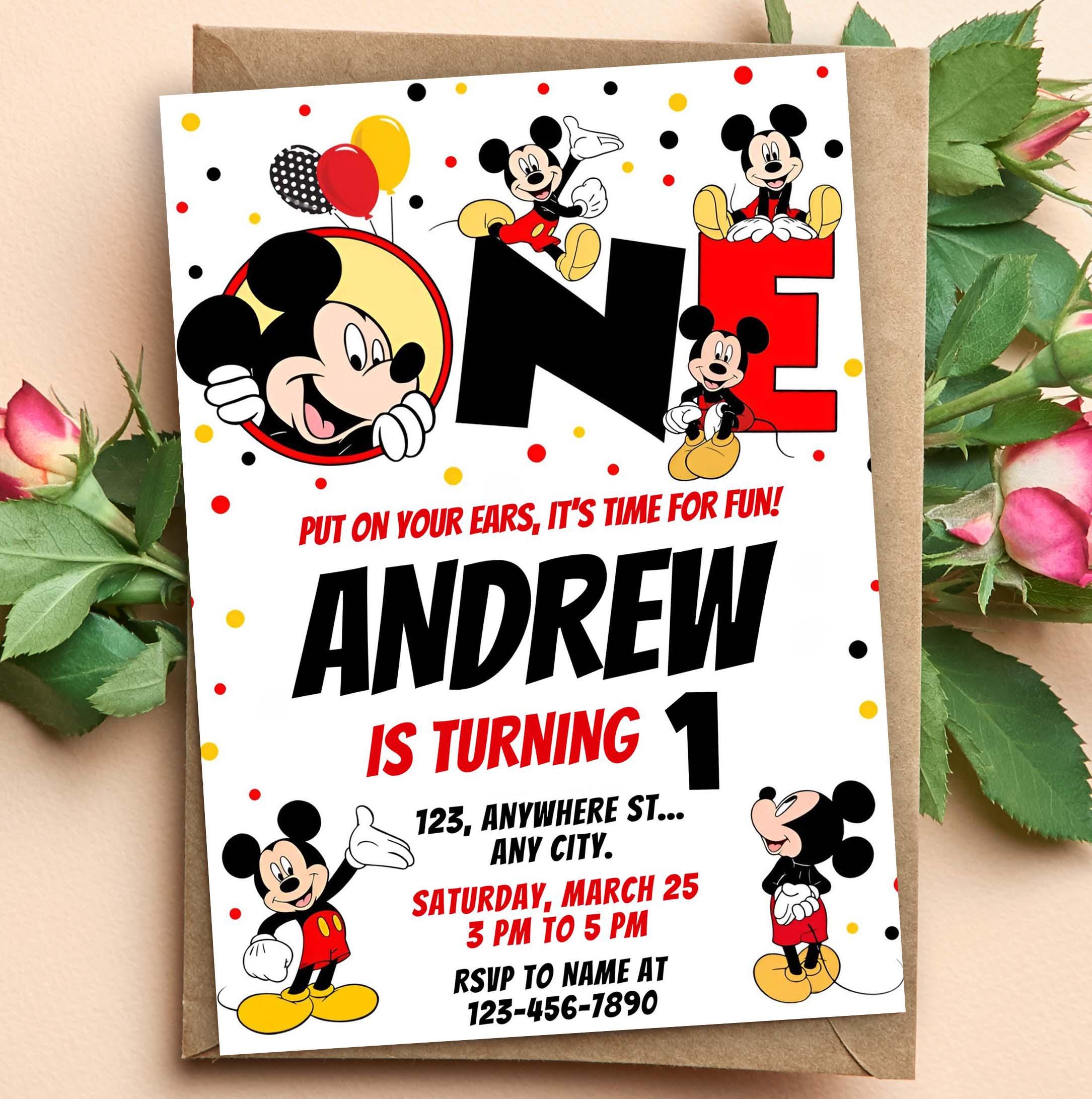 Editable Mickey 1st Birthday Invitation, Digital Kids Party Template ...