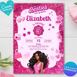 Invito per la festa di compleanno di una bambola di moda con glitter rosa per bambine, modello di invito per la festa di compleanno di una bambola nera per bambine, download immediato, invito rosa modificabile