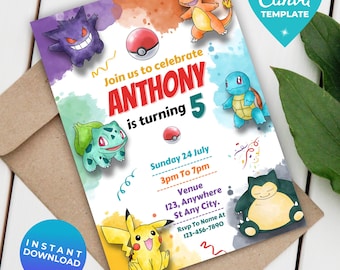 Bewerkbare Poke-verjaardagsuitnodiging | Digitale verjaardagsuitnodiging Pika | Afdrukbare Poke Party-sjabloon | Direct downloaden | Canvassjabloon