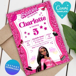 Invito per la festa di compleanno di una bambola di moda con glitter rosa per bambine, modello di invito per la festa di compleanno di una bambola nera per bambine, download immediato, invito rosa modificabile
