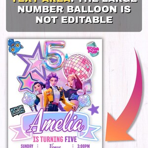 May include: A birthday invitation card featuring three animated characters, a large iridescent number five balloon, a disco ball, and musical notes. The text reads: Amelia IS TURNING FIVE, SUNDAY 15 MARCH, Venue 123, ANYWHERE ST....ANY CITY. 3:00PM TO 5:00PM, Rsvp TO NAME AT - 123-456-7890.