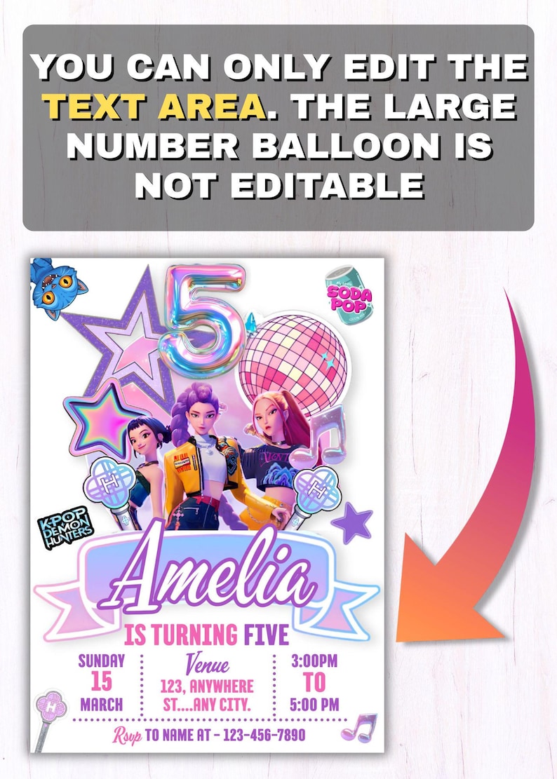 May include: A birthday invitation card featuring three animated characters, a large iridescent number five balloon, a disco ball, and musical notes. The text reads: Amelia IS TURNING FIVE, SUNDAY 15 MARCH, Venue 123, ANYWHERE ST....ANY CITY. 3:00PM TO 5:00PM, Rsvp TO NAME AT - 123-456-7890.