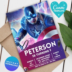Editable Captain America Birthday Invitation Canva Template Captain America invitation digital instant download Avengers Superhero Birthday