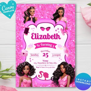 Invito per la festa di compleanno di una bambola di moda con glitter rosa per bambine, modello di invito per la festa di compleanno di una bambola nera per bambine, download immediato, invito rosa modificabile