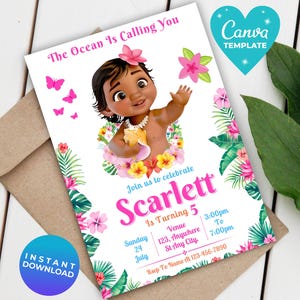 Baby Moana Birthday Invitation: Editable Hawaiian Luau Theme (Canva Template, Digital Download)
