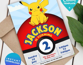 Editable Cartoon Birthday Invitation | Pika Party Template (Digital Download)