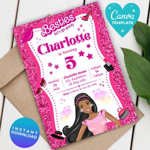 Invito per la festa di compleanno di una bambola di moda con glitter rosa per bambine, modello di invito per la festa di compleanno di una bambola nera per bambine, download immediato, invito rosa modificabile