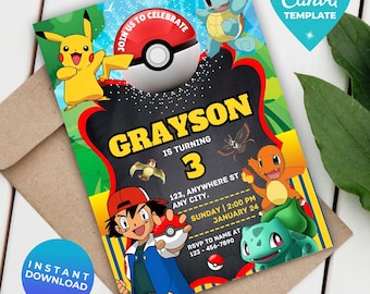 Editable Poke Birthday Invitation | Pika Digital Birthday Invitation | Printable Poke Party Template | Instant Download | Canva Template