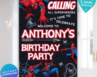 Editable Spiderman Birthday Welcome Sign Template, Spidey Sign Board, Printable Welcome Board, Spidey Birthday Welcome Board, Canva Template