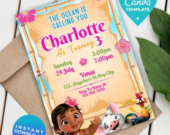 Editable Moana Birthday Invitation Girl | Baby Moana Digital Invite | Hawaiian Invite Template | Instant Download | Canva Template