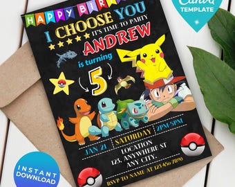 Editable Poke Birthday Invitation | Pika Digital Birthday Invitation | Printable Poke Party Template | Instant Download | Canva Template