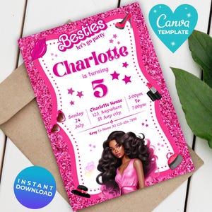 Invito per la festa di compleanno di una bambola di moda con glitter rosa per bambine, modello di invito per la festa di compleanno di una bambola nera per bambine, download immediato, invito rosa modificabile