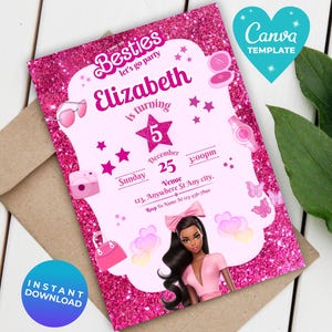 Invito per la festa di compleanno di una bambola di moda con glitter rosa per bambine, modello di invito per la festa di compleanno di una bambola nera per bambine, download immediato, invito rosa modificabile