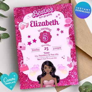 Invito per la festa di compleanno di una bambola di moda con glitter rosa per bambine, modello di invito per la festa di compleanno di una bambola nera per bambine, download immediato, invito rosa modificabile